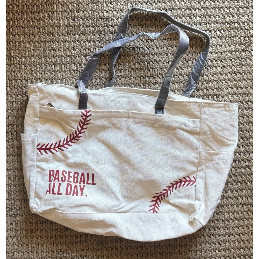 Baseball Tote Bag Large Beige Canvas Sports Boy Mom
